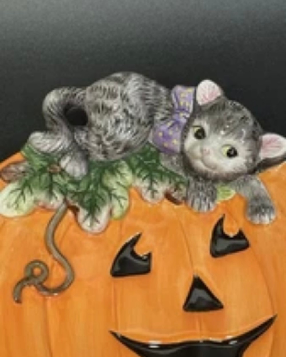 Candy Dish Fitz and Floyd Essentials Halloween Jack-O'-Lantern Pumpkin Gray Cat Ceramic 9