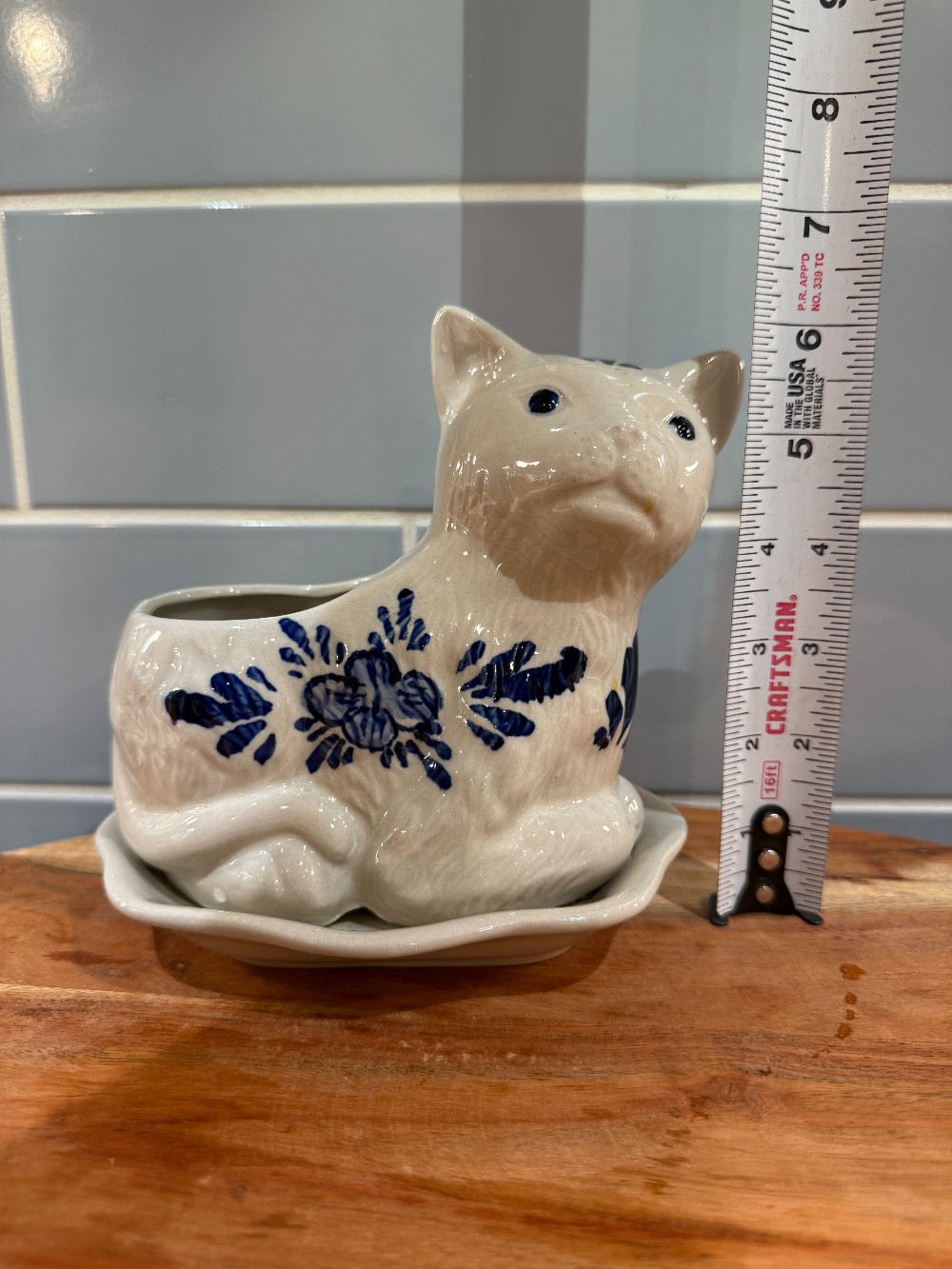 Vintage Blue and White Ceramic Cat Planter