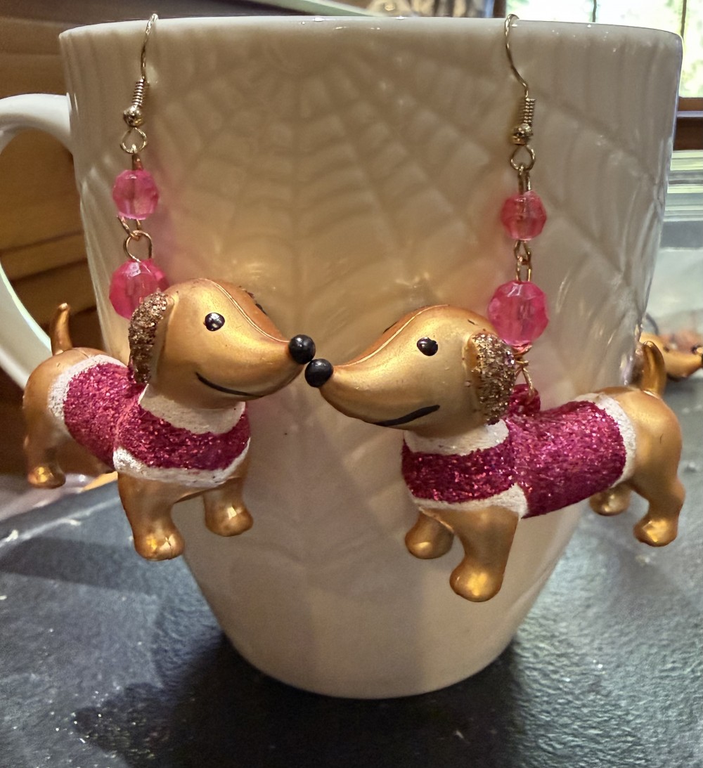 Earrings - Dachshund in Hot Pink Glittered Sweater, Doxie, Dog
