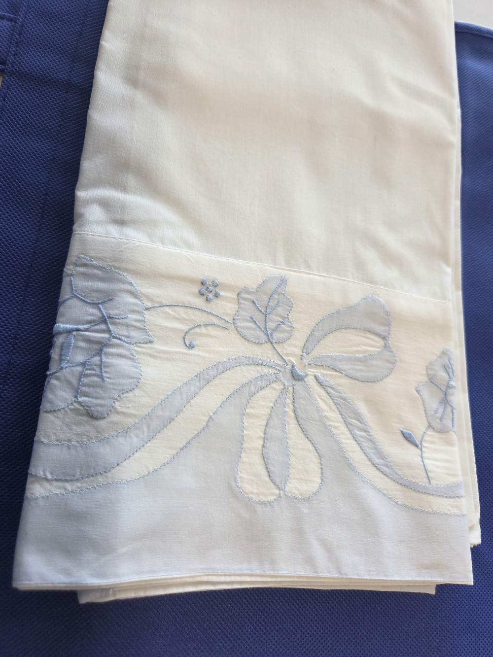 LN-1649 pair white pillowcases,  blue trim