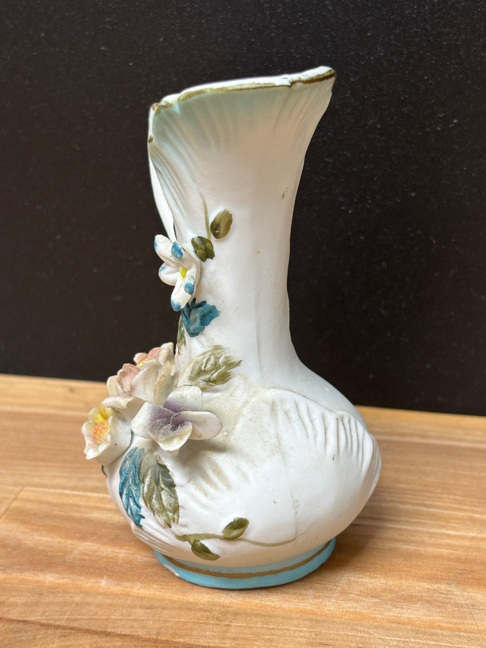 Vintage Ceramic Bisque Floral Ewer Pitcher Applied Flowers Gold Trim 4 Inch