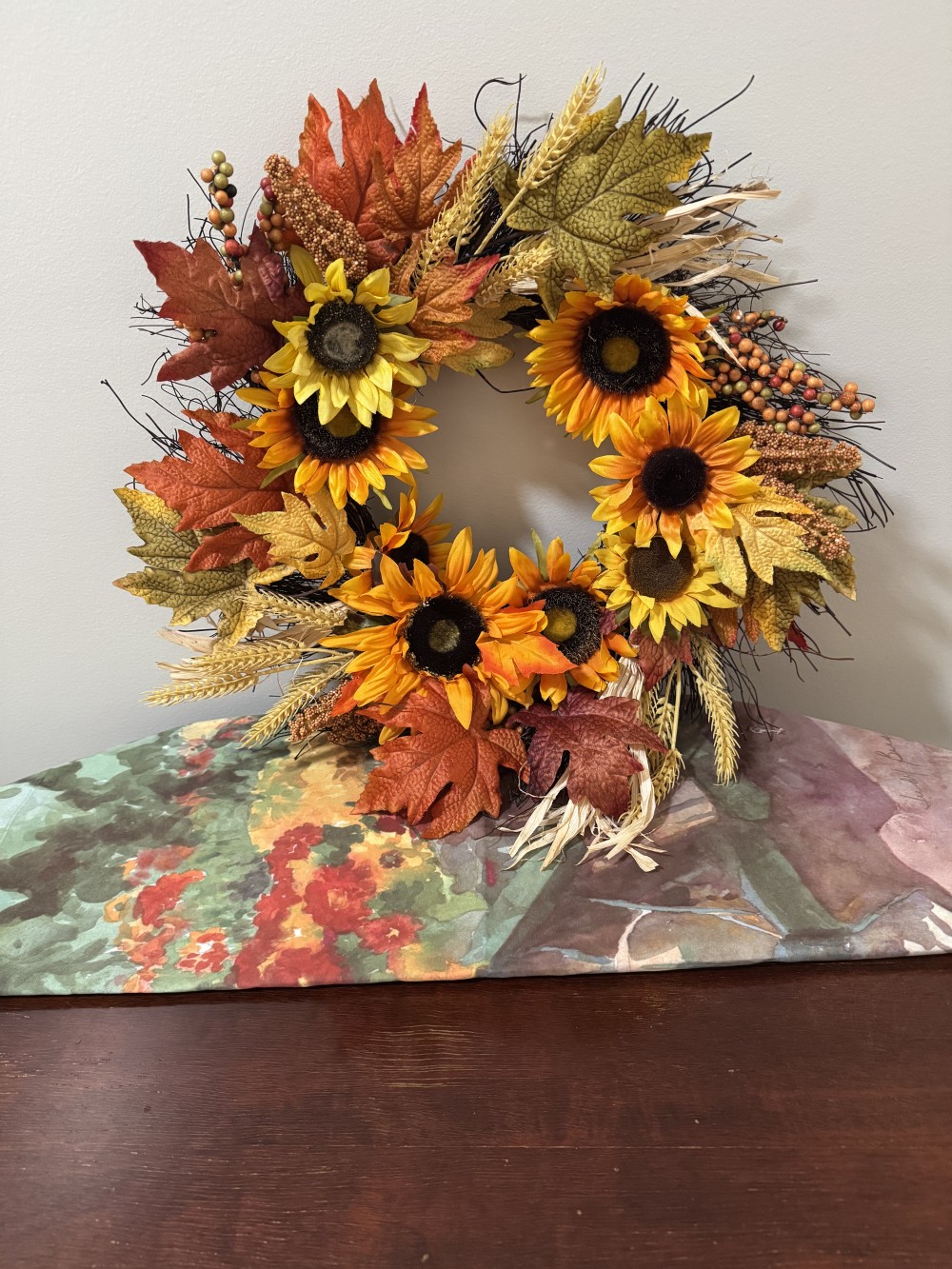 FALL WREATH, SUNFLOWERS & FALL COLORFUL FOLIAGE