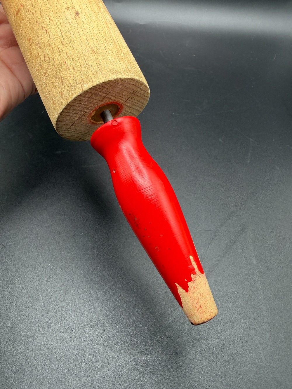 Wood Rolling Pin with Red Painted Handles - Mid-Century Farmhouse Kitchenware Decor