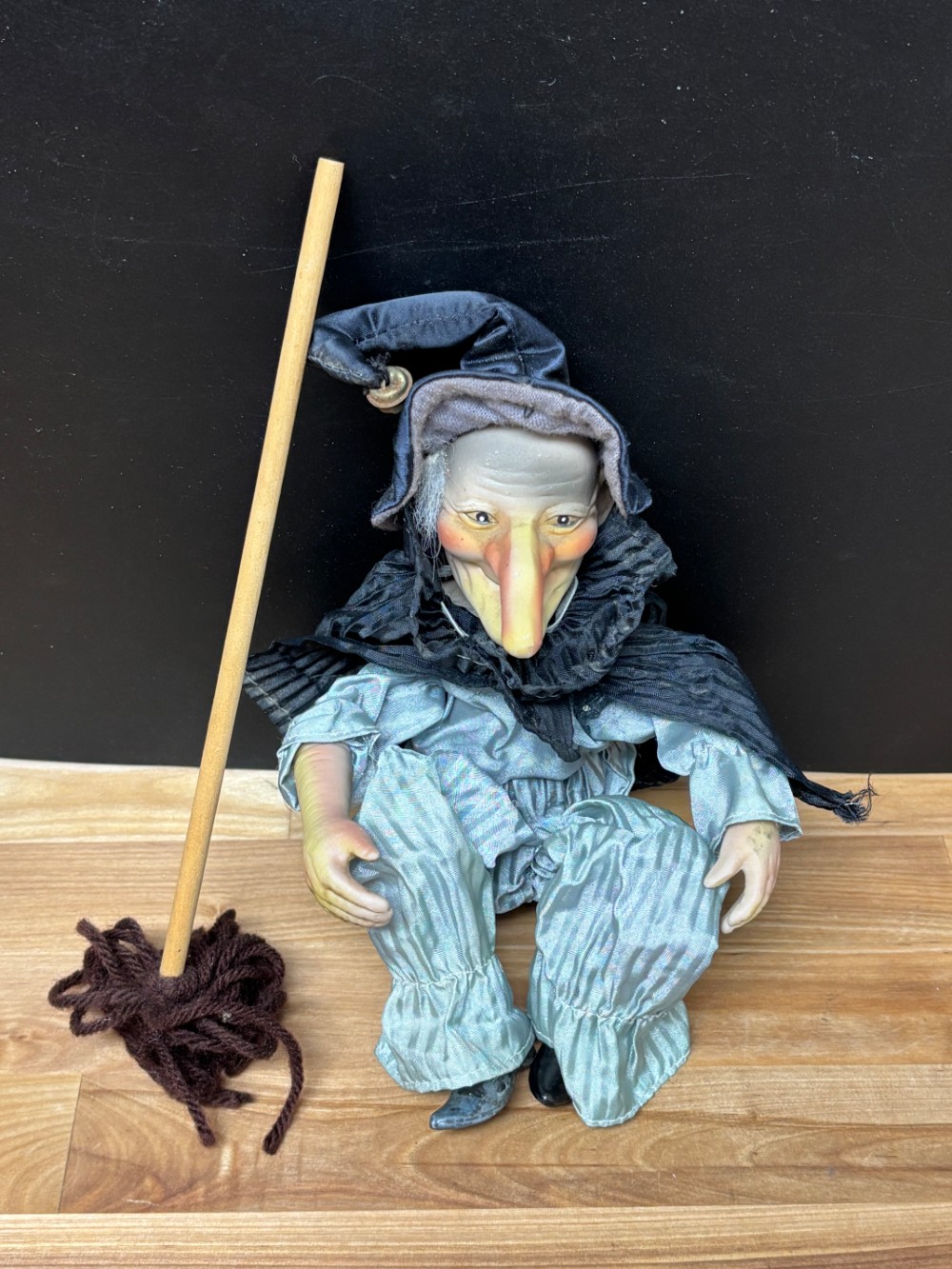 Vintage Kitchen Witch Doll Hand Painted Ceramic Poseable Halloween Broom 13 Inch