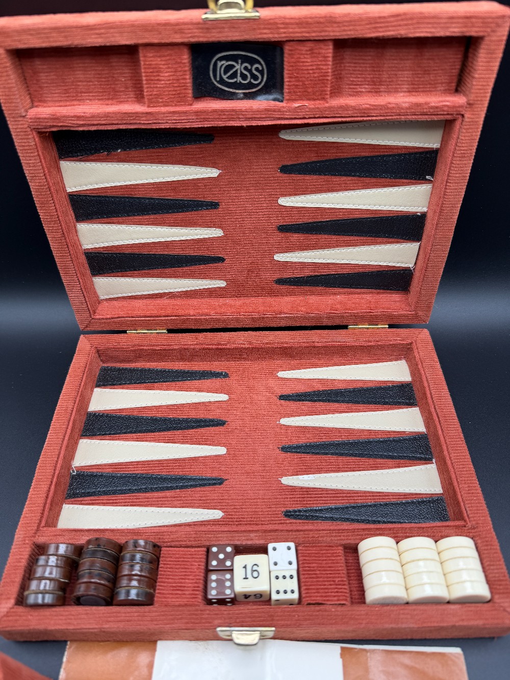 Vintage 1970s Reiss Games Travel Backgammon Set - Rust Orange Corduroy Briefcase Case (Complete)