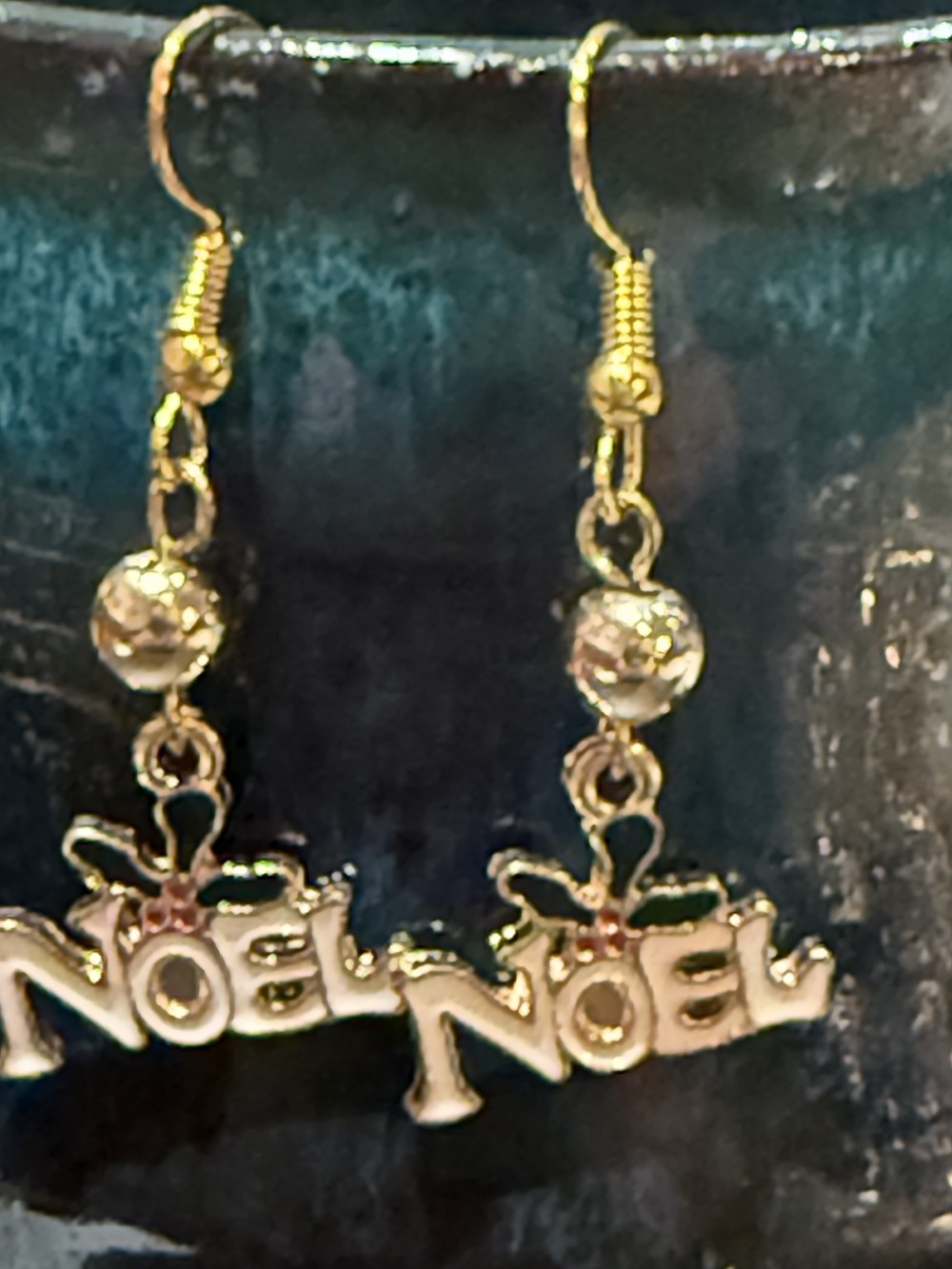 Earrings - Noel with Christmas Holly in Gold and Enamel Gold Bead