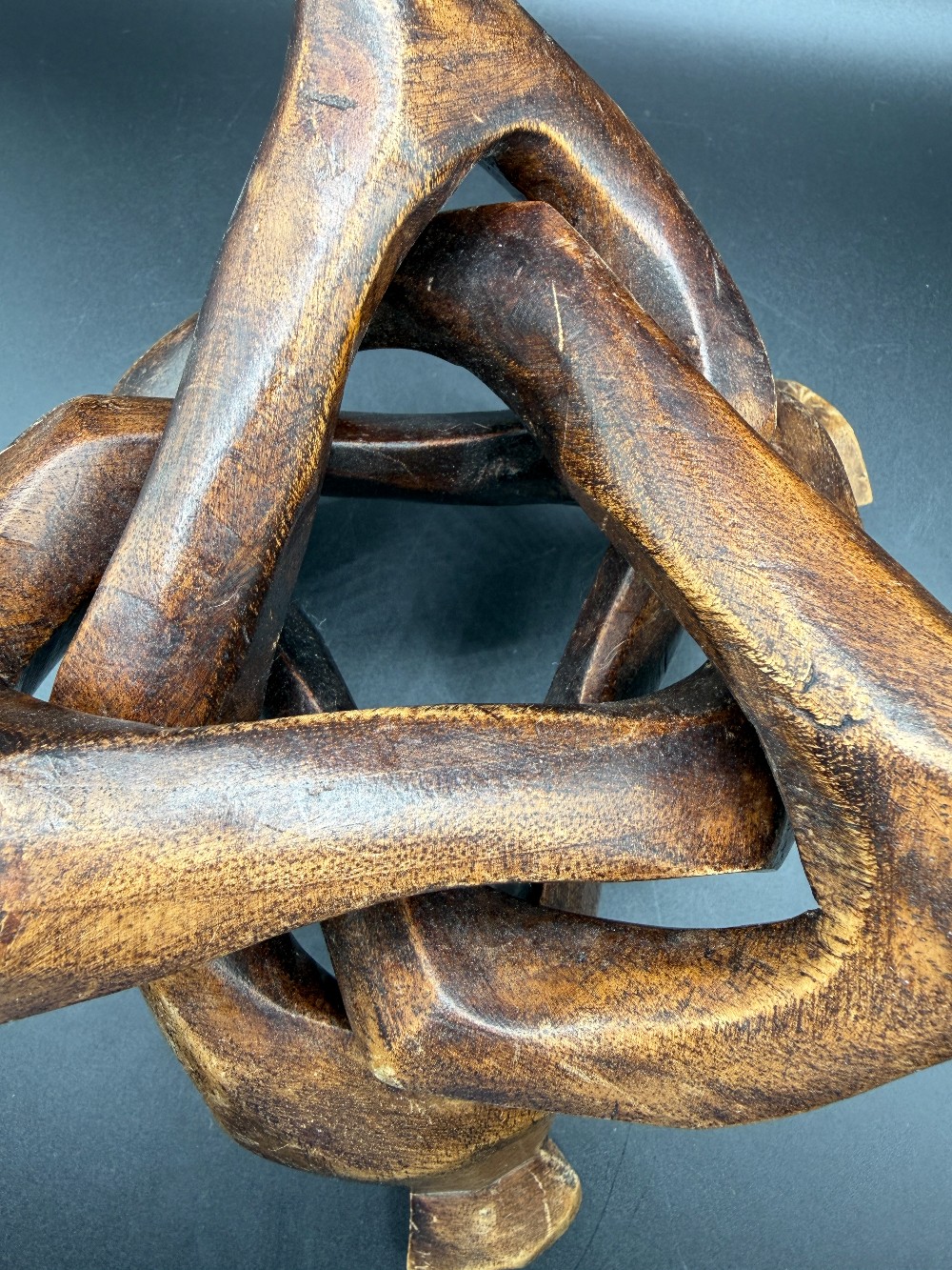 Vintage Hand-Carved African Wood Unity Plant Stand- Single Piece Interlocking Tripod Display