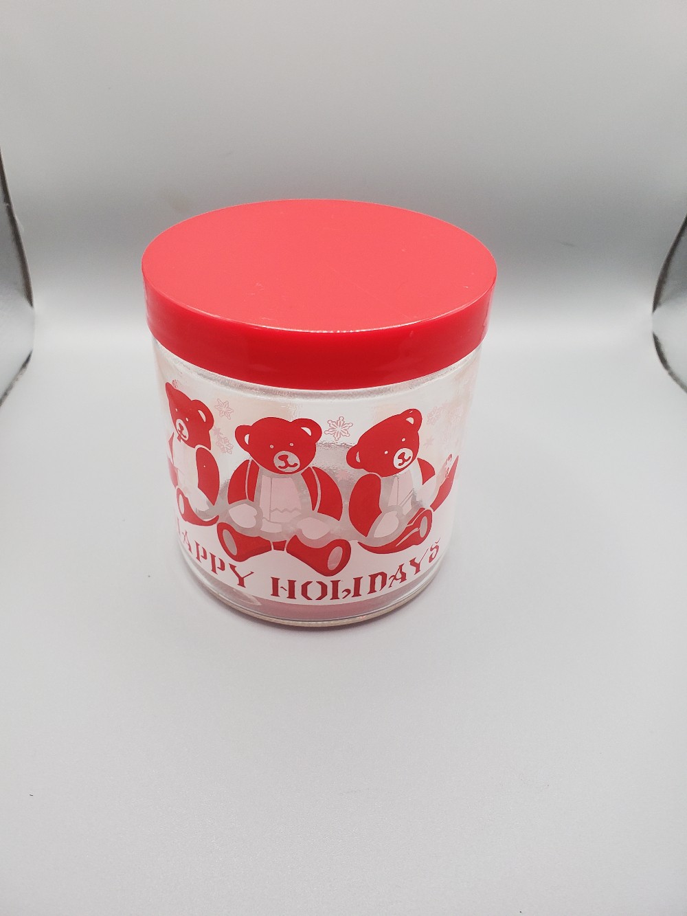 Vintage 1980s Holiday Teddy Bear Glass Jar