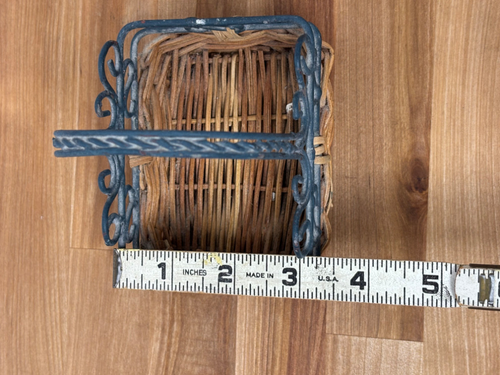 Miniature Wicker Basket with Ornate Metal Scrollwork Handle Rustic Farmhouse Decor