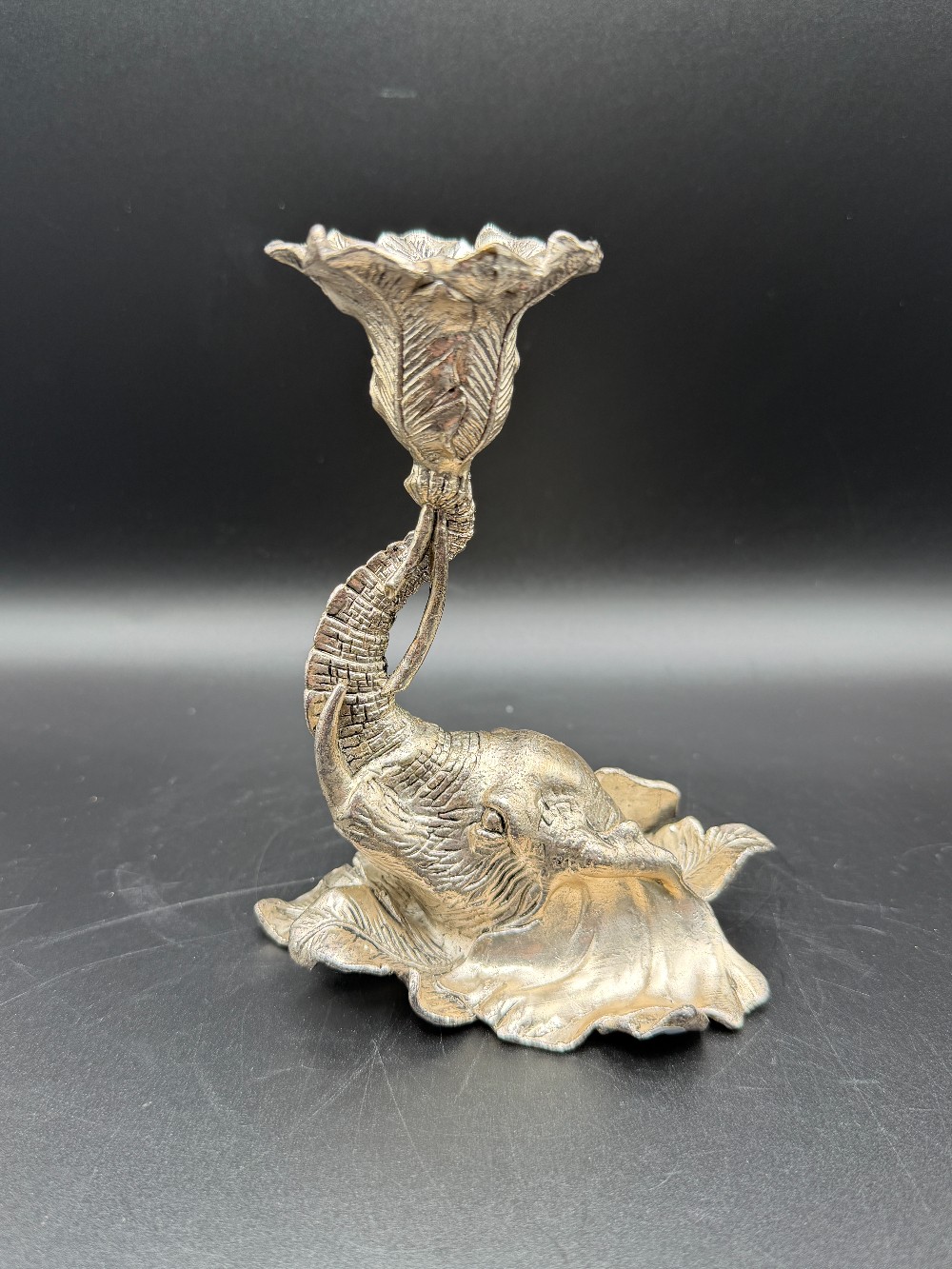 Vintage Silver Plated Elephant Candlestick Holder - Hollywood Regency Trunk Up Taper Base