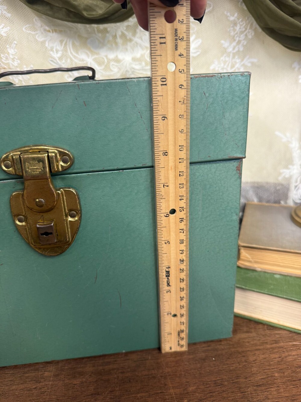 Green Metal File Box with Brass Latch and Handle