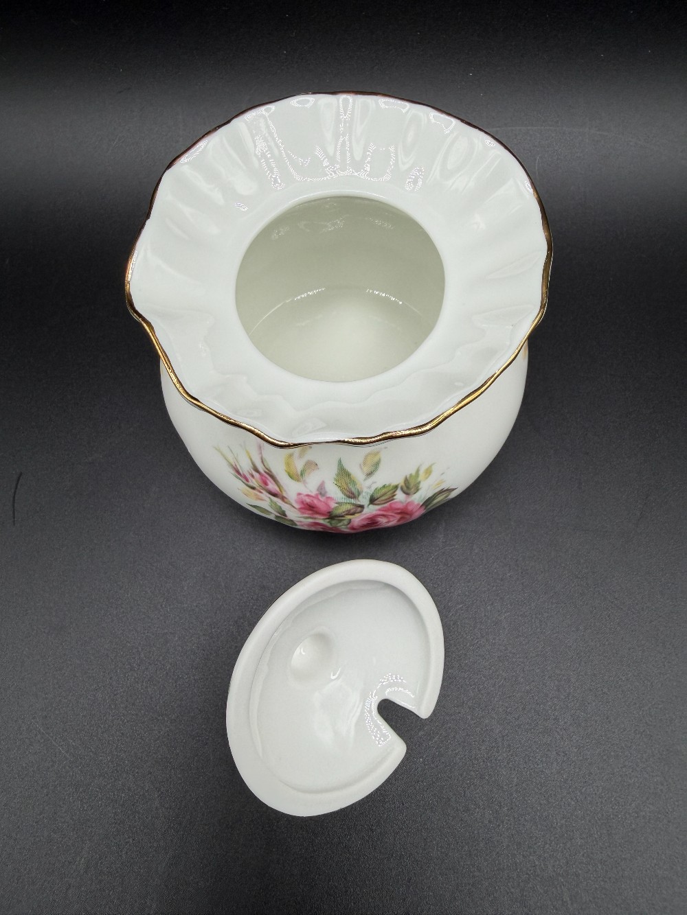 Vintage English Fine Bone China Jam Pot with Lid - Ruffled Gold Trim Cabbage Rose Honey Jar - Made in England