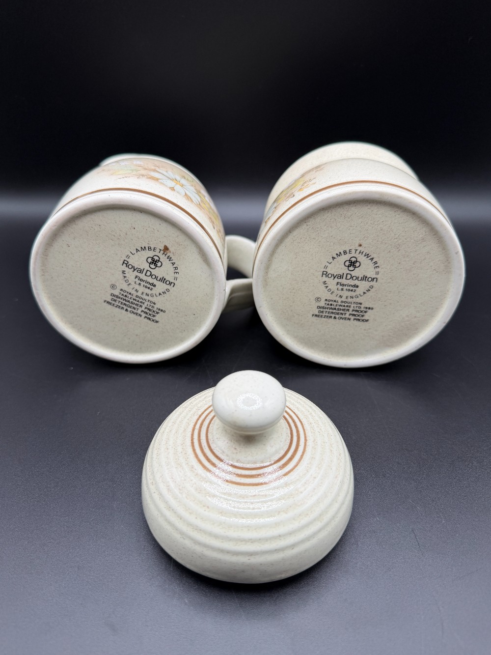 Royal Doulton Lambethware Florinda Creamer and Lidded Sugar Bowl Set - 3 Piece Stoneware LS1042 Made in England Vintage