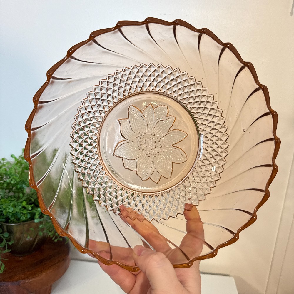 Pink Depression Glass Serving Bowl, Sunflower & Diamond Point