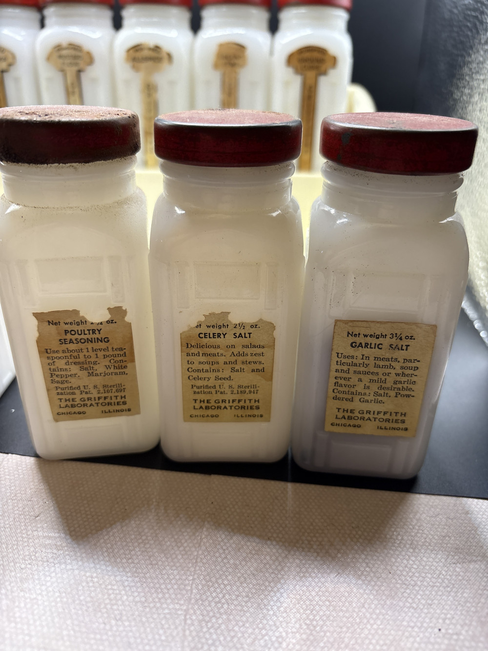 Griffiths Milk Glass 12 Spice Jars With Rack - Vintage
