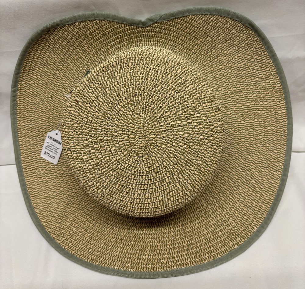Hat woven sage paper straw split back wide brim sage trim