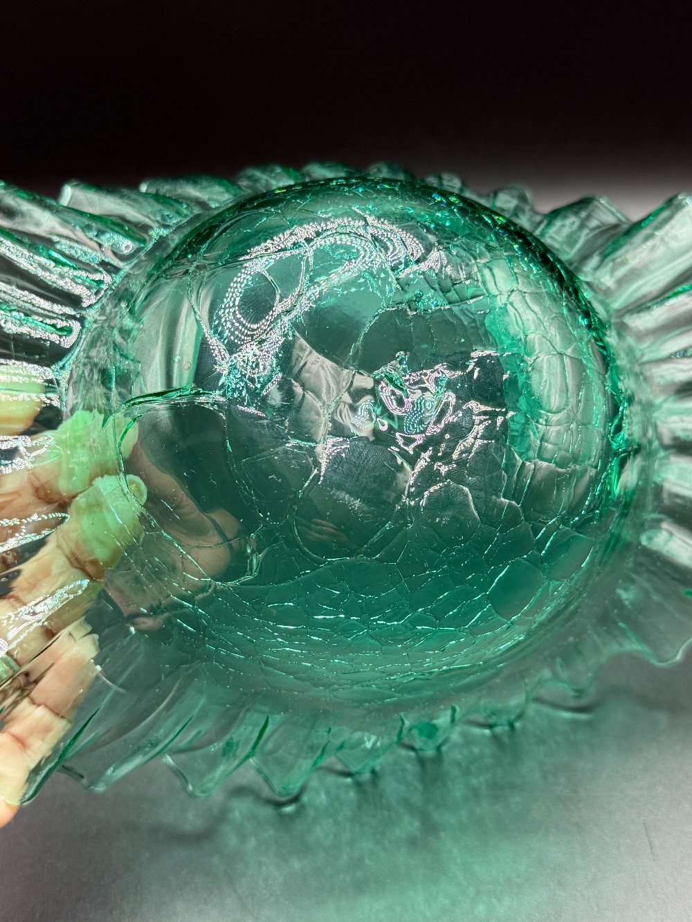 Mid-Century Green Hand-Blown Crackle Glass Ruffled Centerpiece Bowl