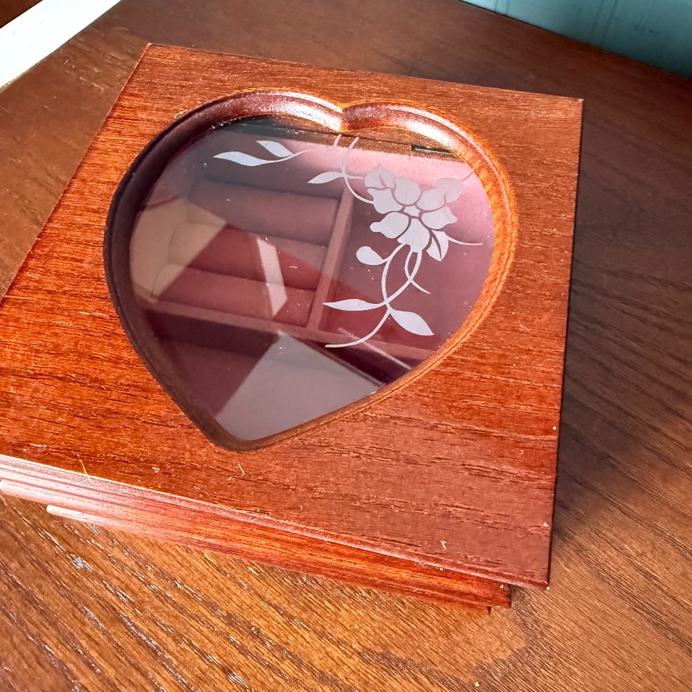 Wood Jewelry Box, Etched Heart Glass Lid
