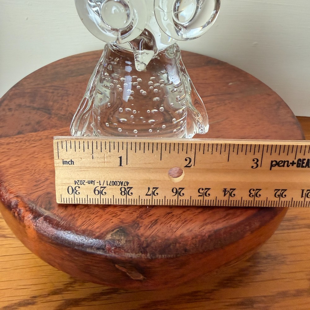 Clear Art Glass Controlled-Bubble Owl Figurine Paperweight
