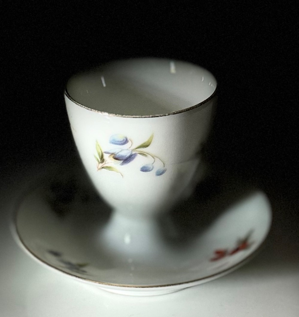 Bavaria Egg Cup - Antique Thomas Bavaria Porcelain Footed Egg Cup with Attached Saucer – Blue Berries and Gold Trim (c. 1910s-1930s)