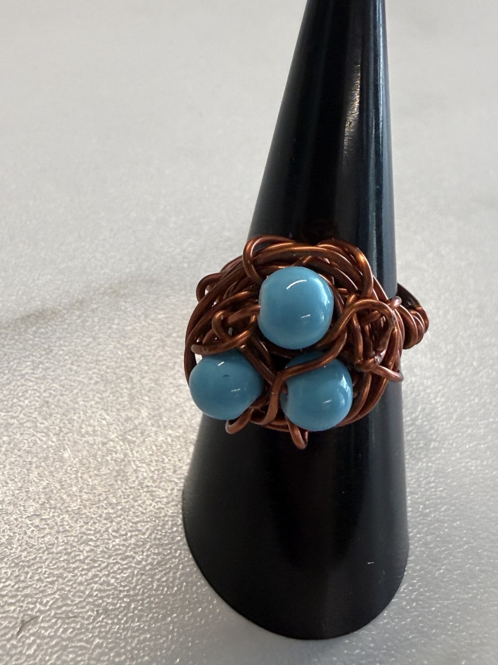 Ring - Bird Nest Brown Wire Wrapped Three Teal Eggs