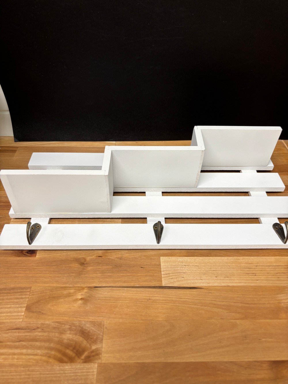 Wall Shelf Organizer White Wood Tiered Display with 3 Hooks 16 Inch
