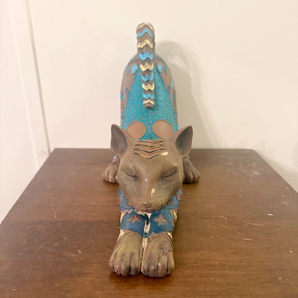 Stretching Cat Sculpture Turquoise and Terracotta Resin