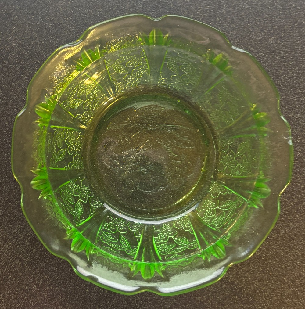 AS IS Dessert bowl uranium geen Depression Glass Cherry Blossom