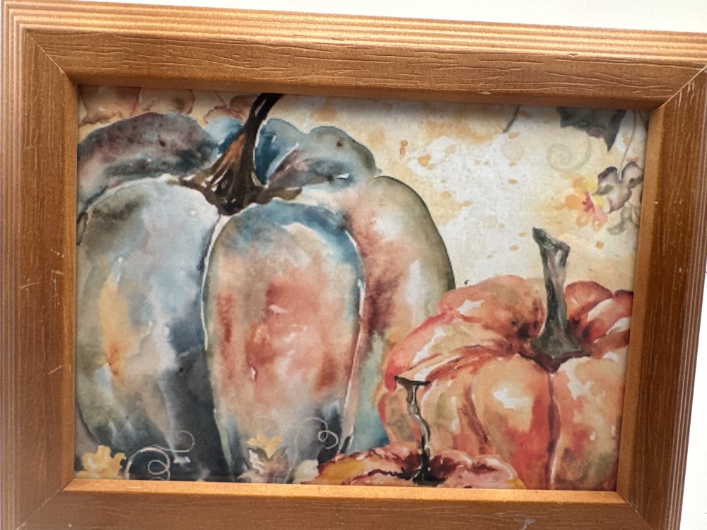 PUMPKIN ART,  PASTEL COLORS,NATURAL WOOD FRAME
