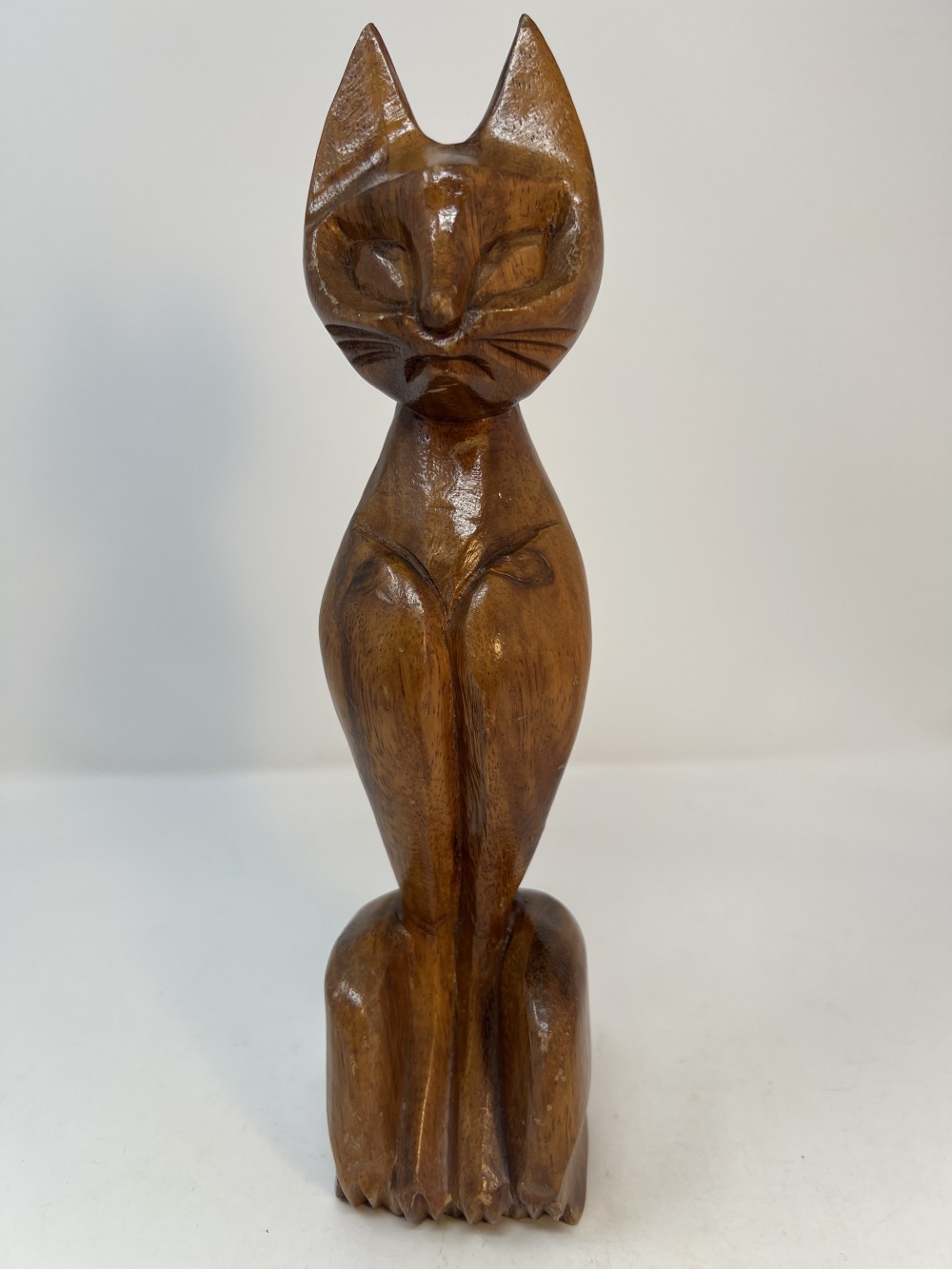 Vintage MCM Hand Carved Wood Siamese Cat; approx 10.5”