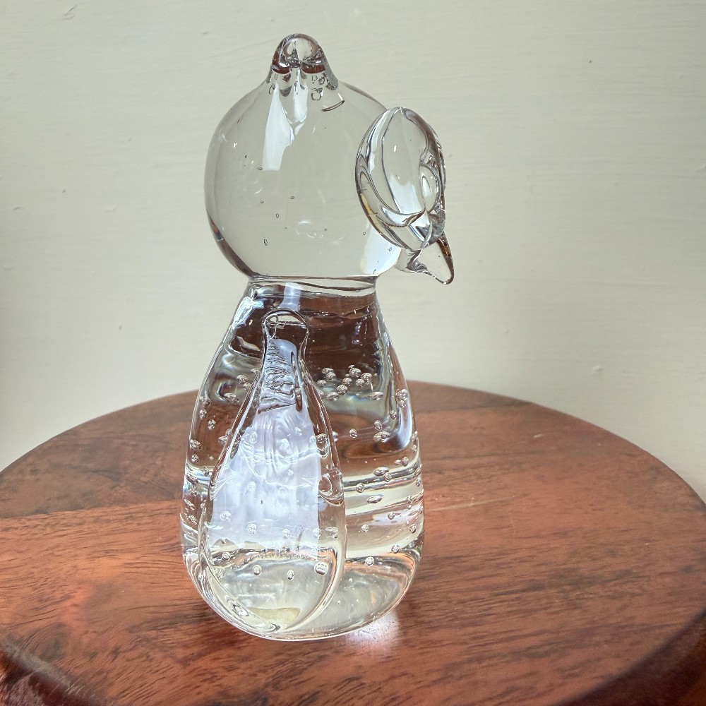 Clear Art Glass Controlled-Bubble Owl Figurine Paperweight