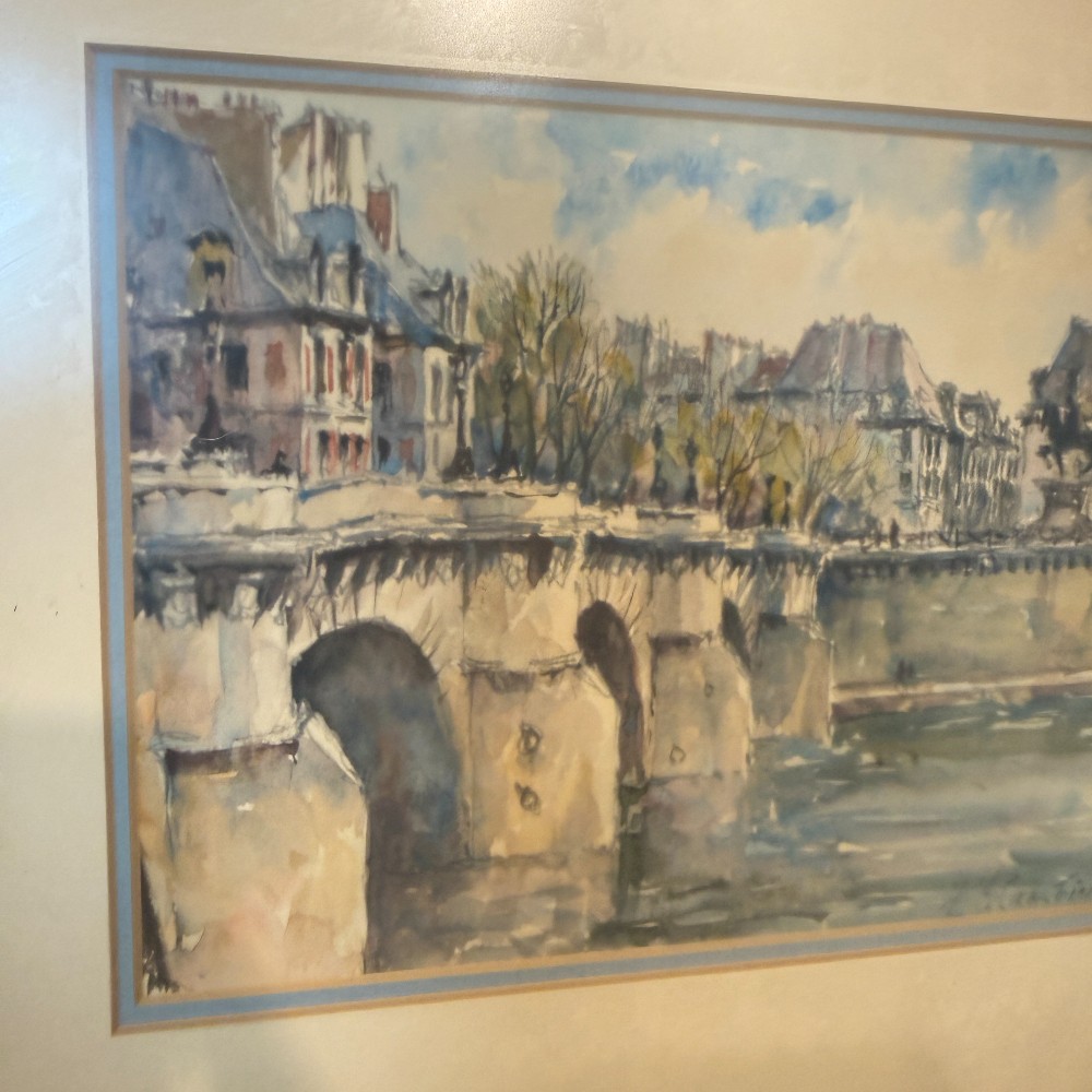 Original Watercolor – Paris Bridge Scene, Signed