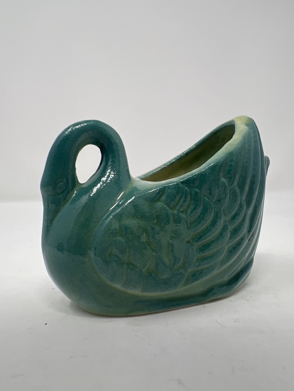 Vtg teal ceramic swan planter