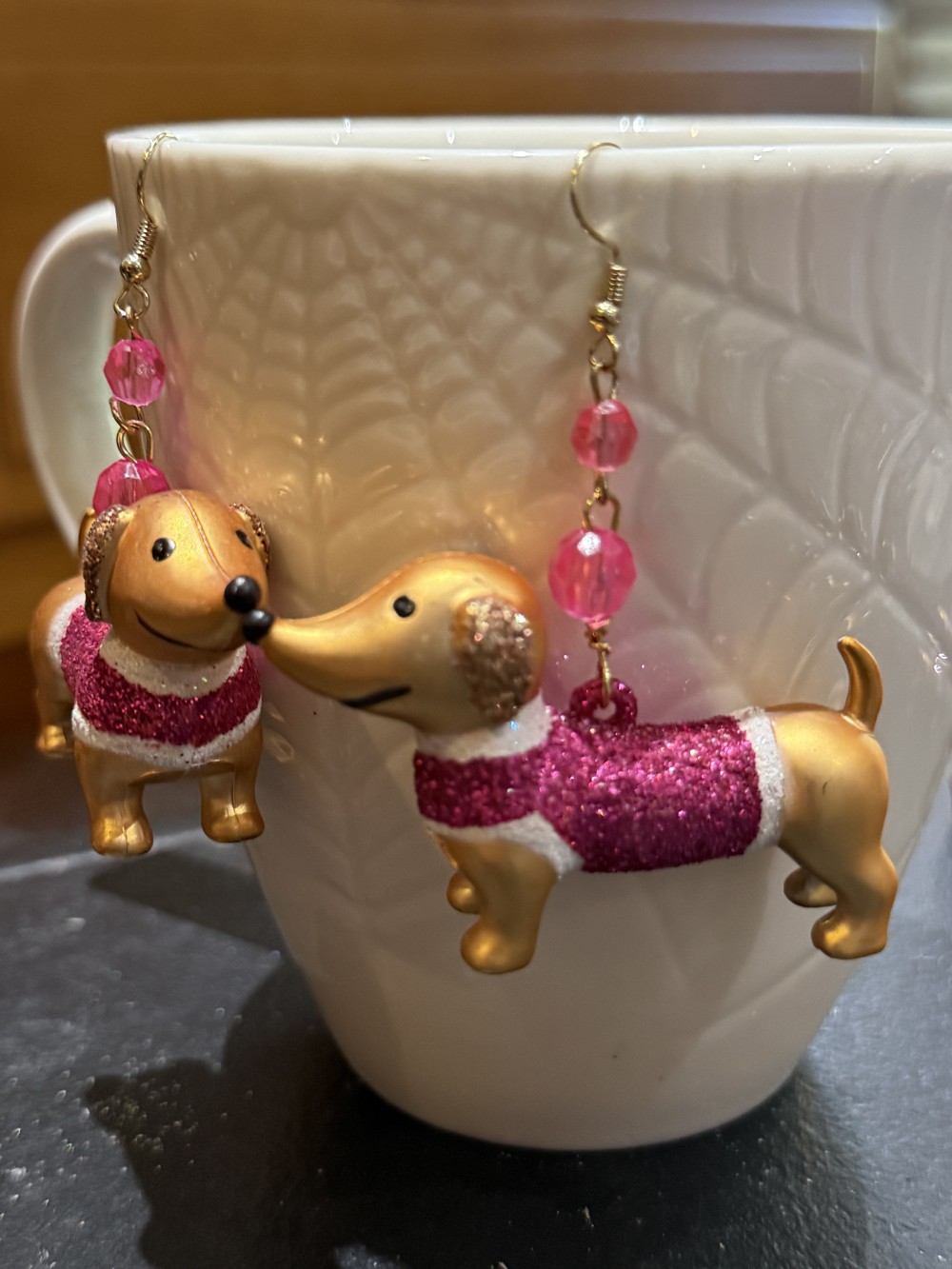 Earrings - Dachshund in Hot Pink Glittered Sweater, Doxie, Dog