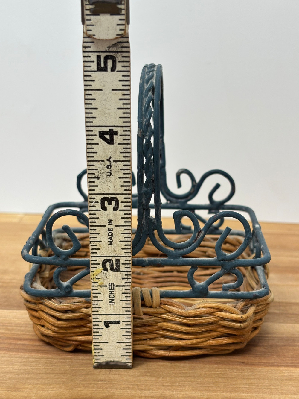 Miniature Wicker Basket with Ornate Metal Scrollwork Handle Rustic Farmhouse Decor