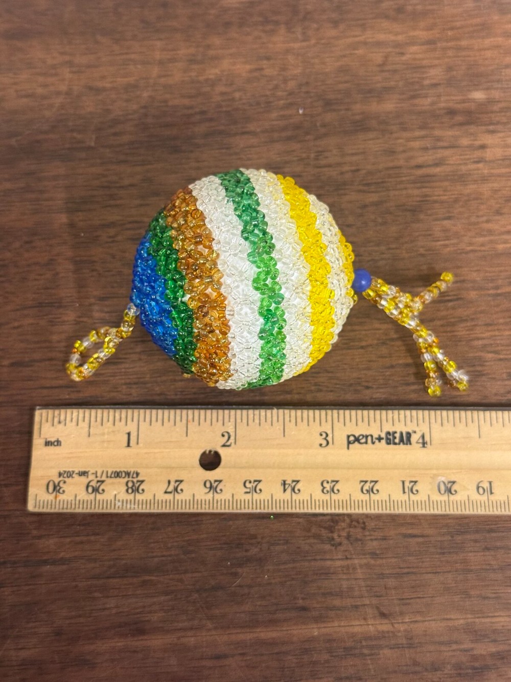 Beaded Ball Ornament Blue Green Yellow Seed Beads