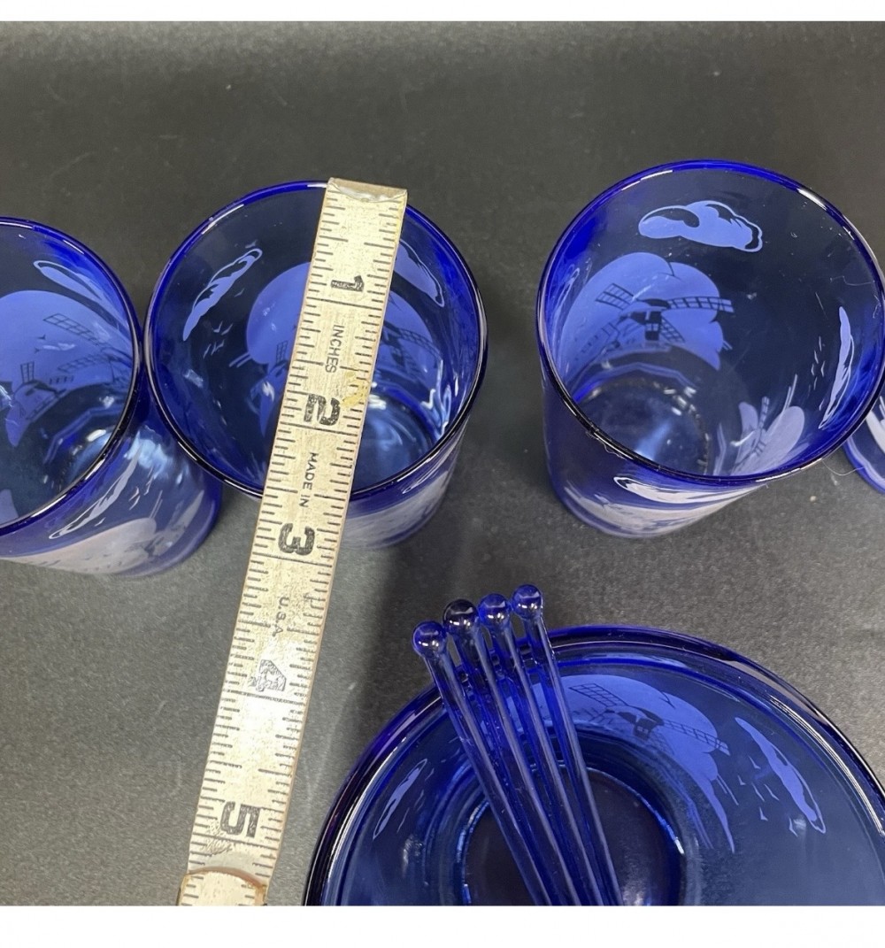 Cocktail Glass Set Hazel Atlas Cobalt Blue Dutch Windmill Ice Bucket 4 Glasses 4 Stir Sticks Vintage