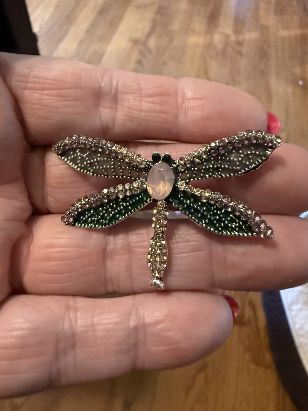 Dragonfly Brooch Pin - Pink & Green Rhinestones