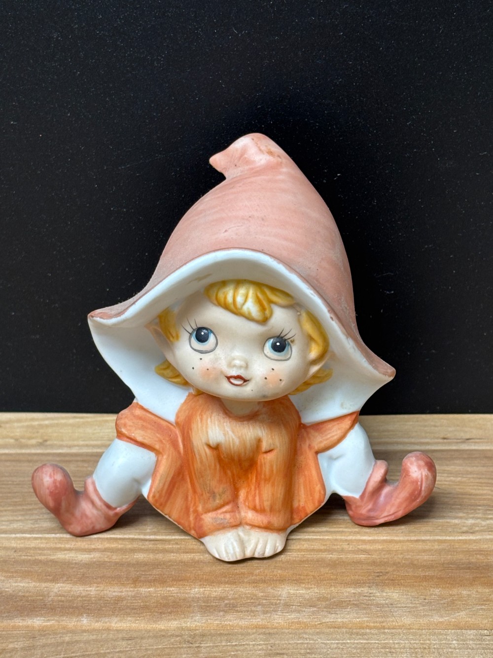 Kitsch Pixie Elf Figurine Orange Homco 5213 Vintage Cottage Big Hat Whimsical