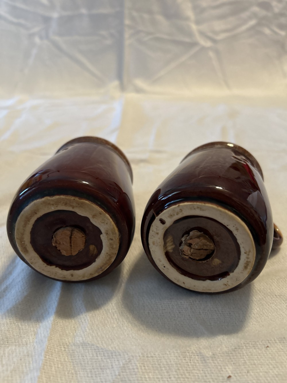 Vintage McCoy Pottery Brown Drip Glaze Salt & Set with corks - excellent condition - as is - see pics