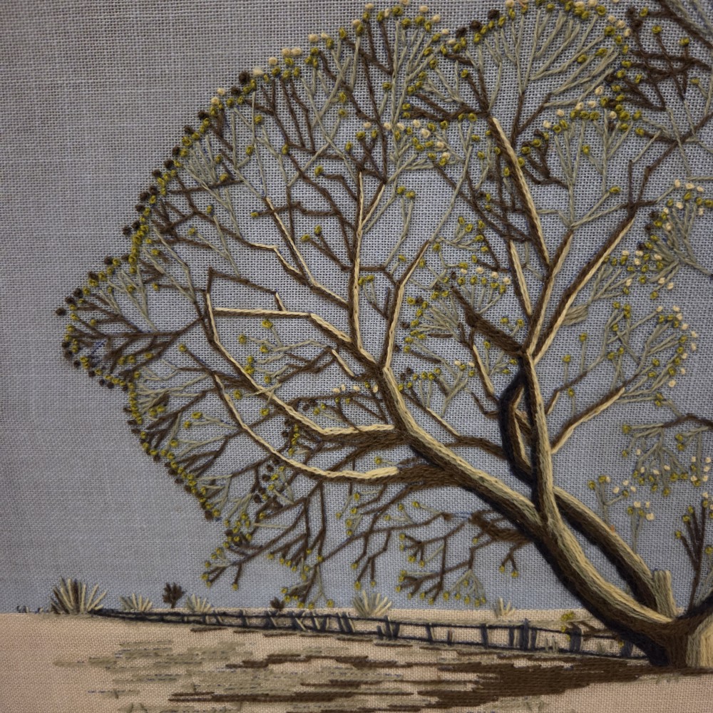 VTG Crewel Paragon Waking Willow Tree Blue Sky Embroidered Framed No Glass