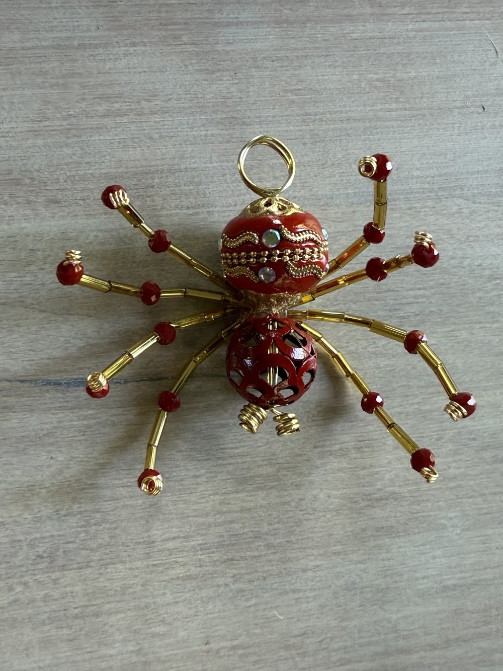 Ornament - Spider L Red Gold Embellished Bead