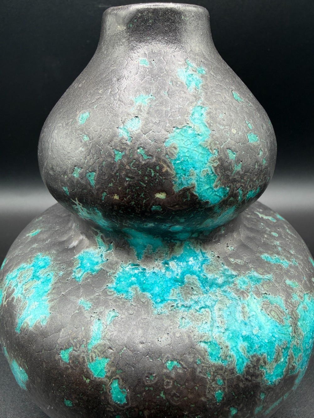 Brutalist Turquoise & Black Volcanic Glaze Double Gourd Vase Mid-Century