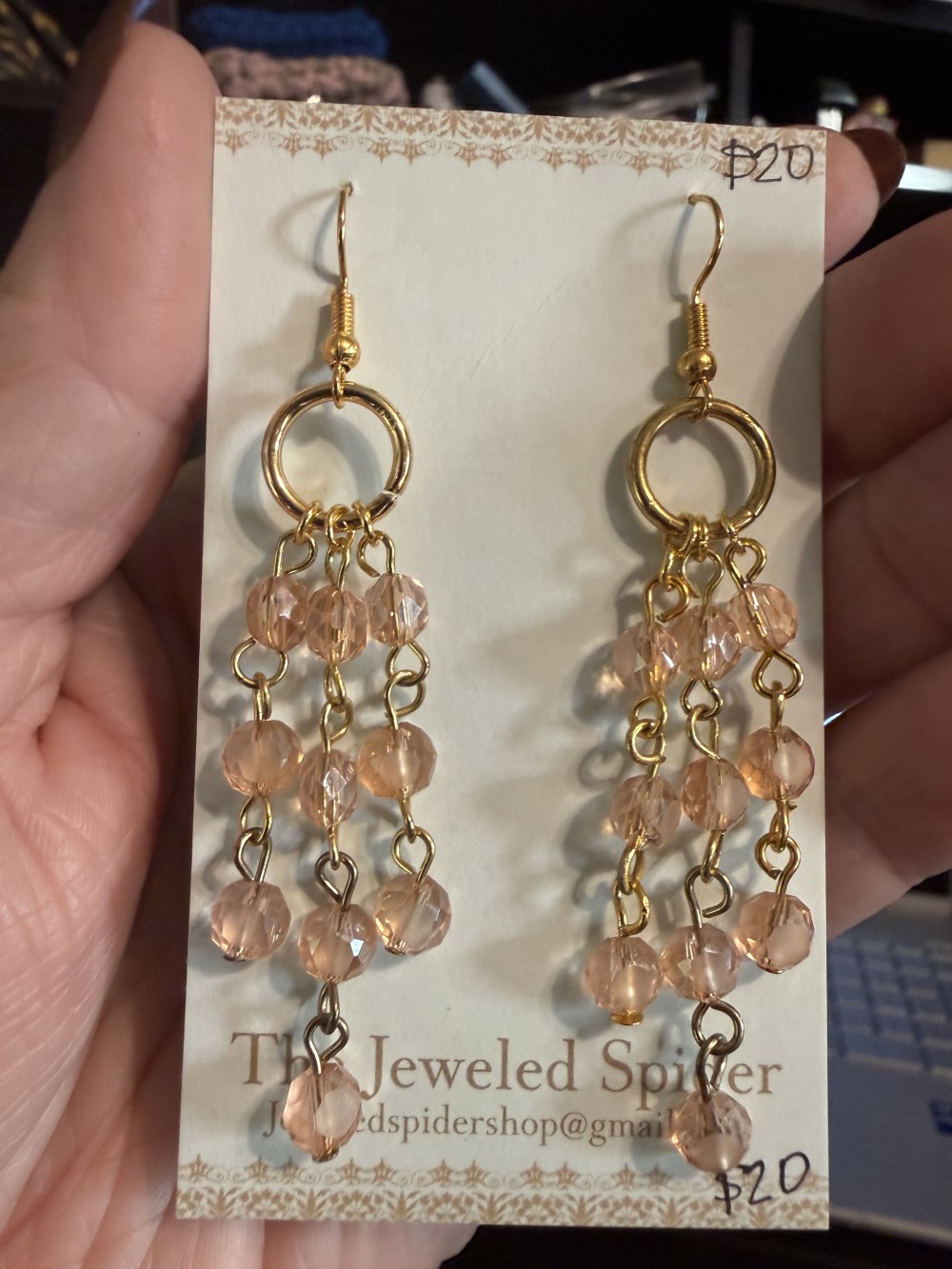 Earrings - Handmade Beaded Amber Rose Three Strand