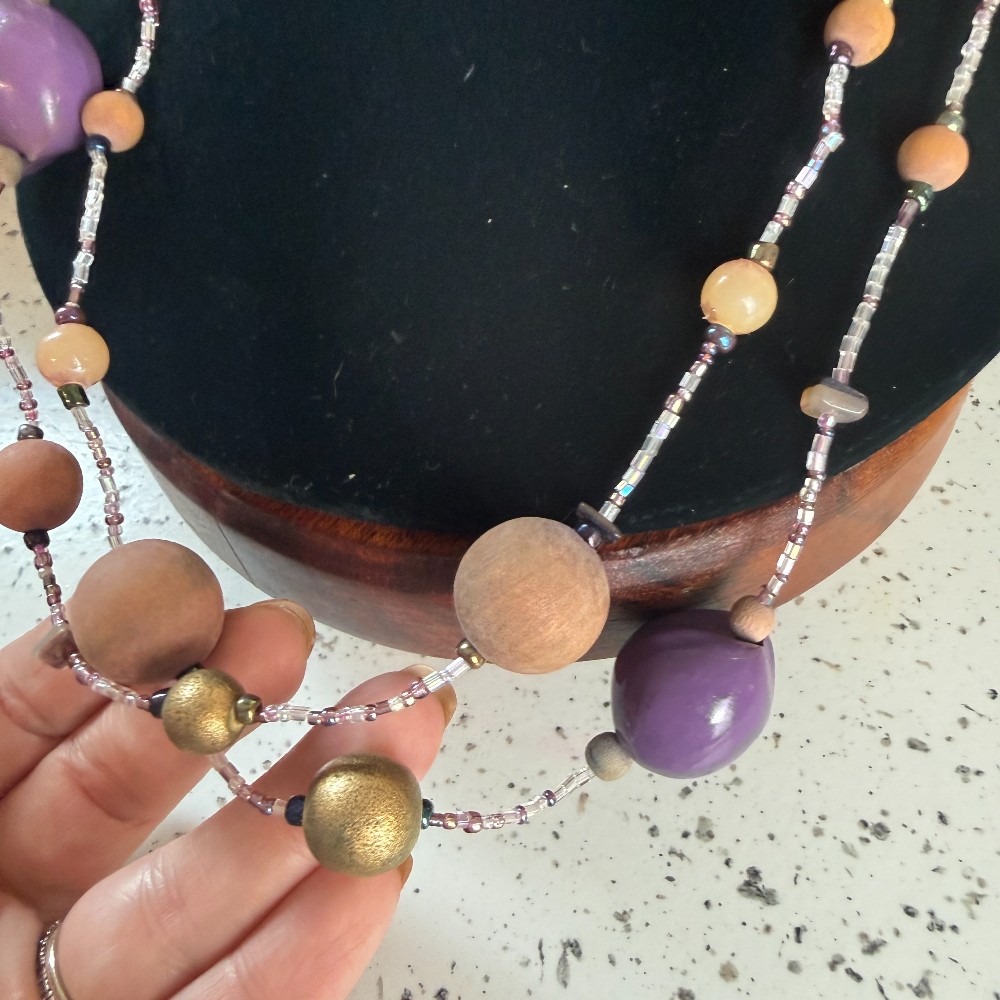 Vintage Long Lavender And Wood Bead Rope Necklace