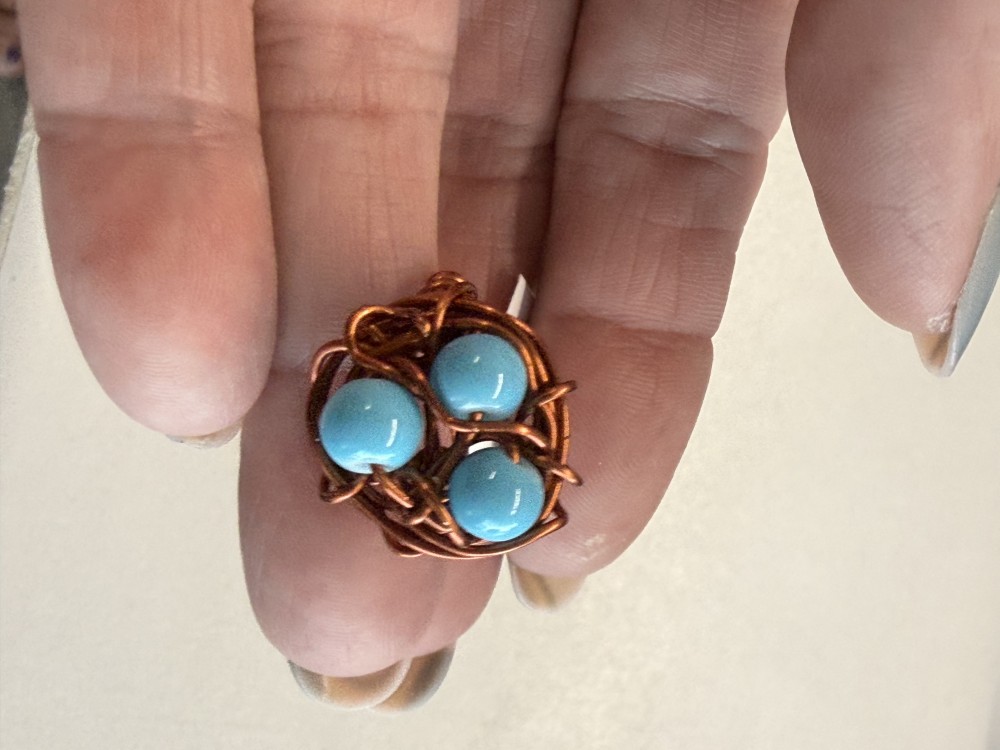 Ring - Bird Nest Brown Wire Wrapped Three Teal Eggs