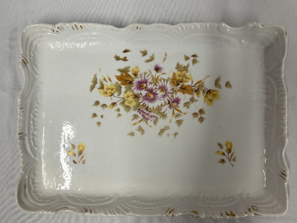 Vanity tray white porcelain w/purple asters yelllow & tan flowers worn trim