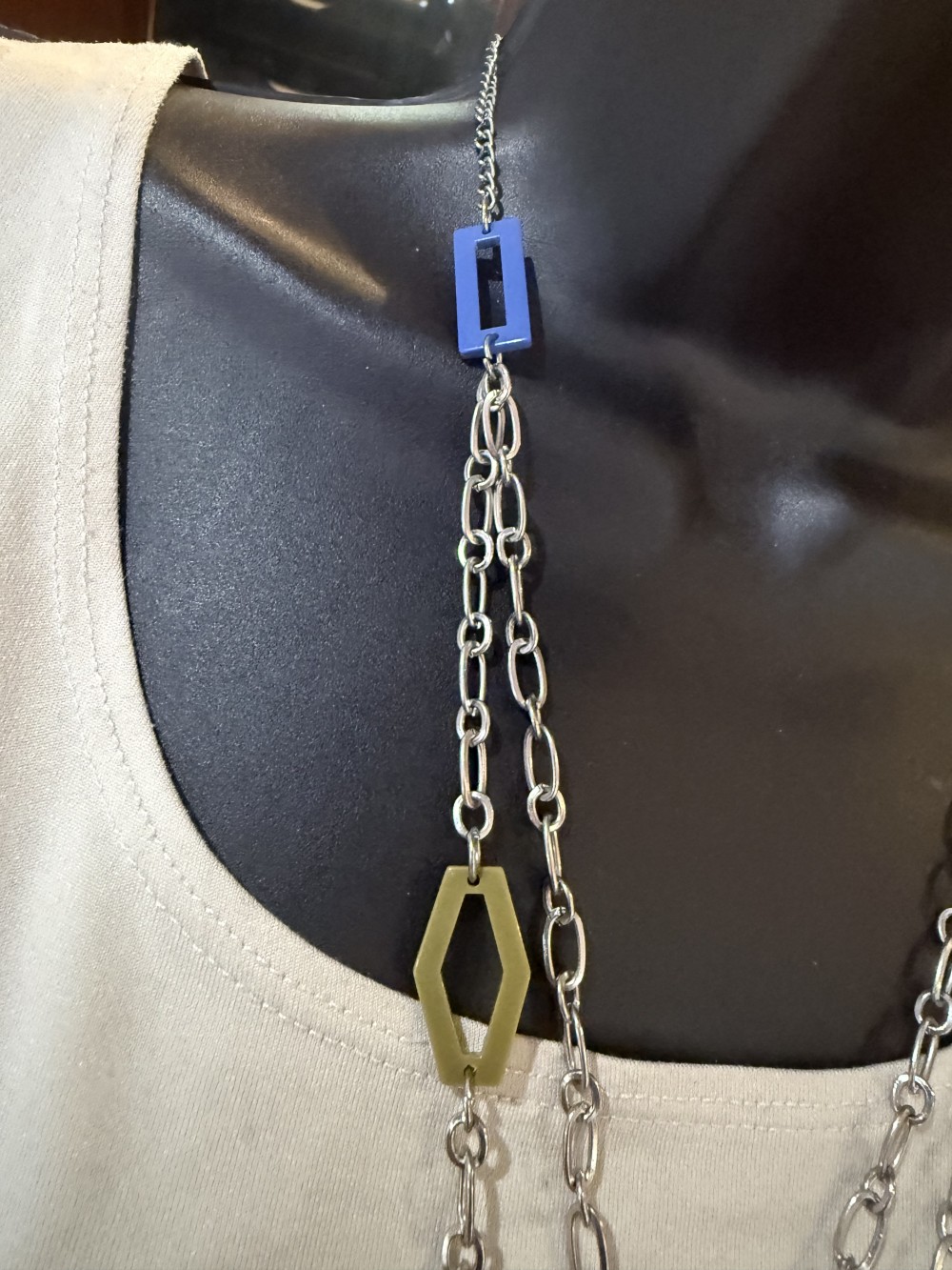 Long Necklace - Blue and Green Geometic Shapes and Silver Chains