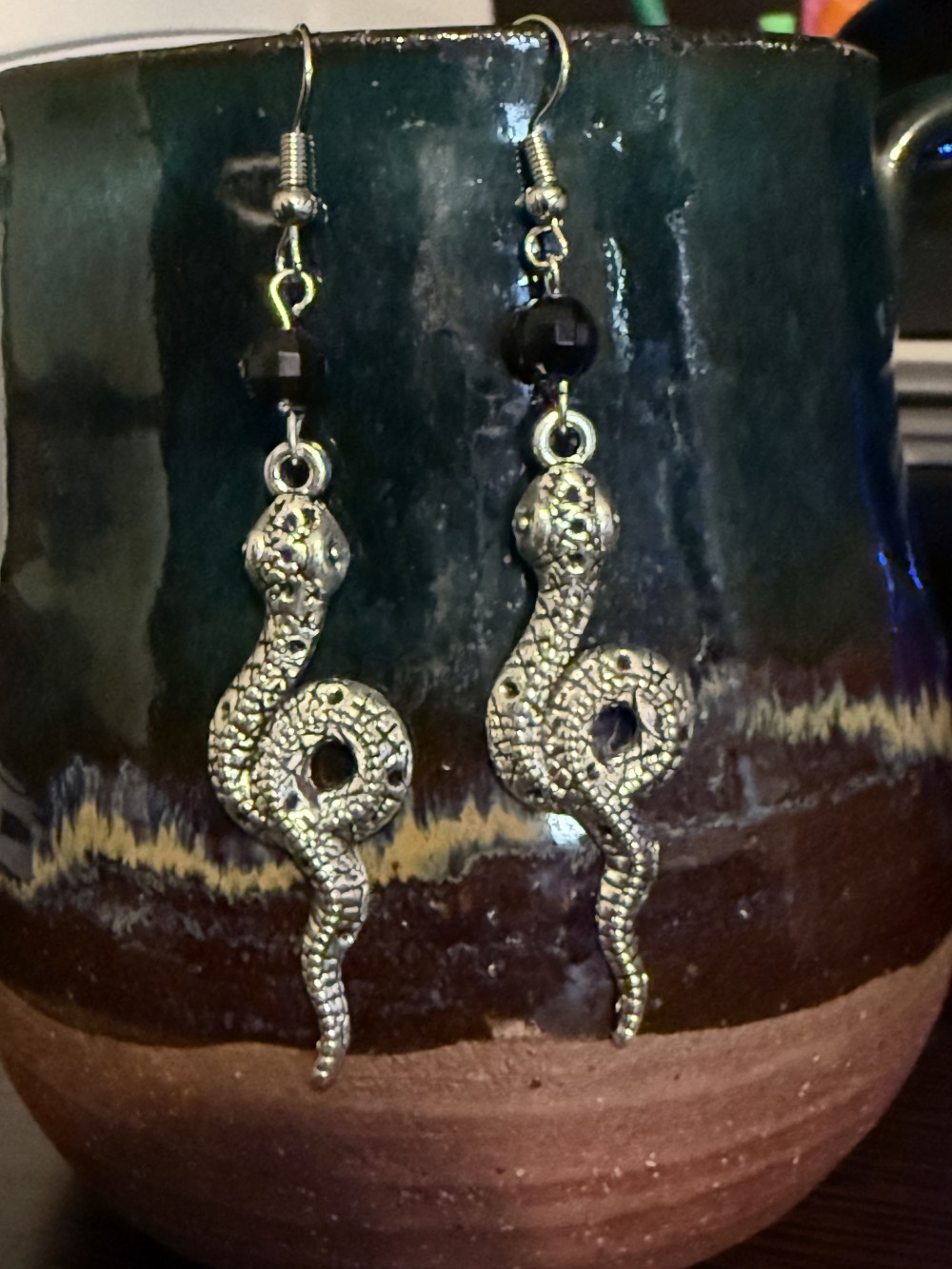Earrings - Coiled Snake Black Bead Snake, Serpent, Snakes, Serpents