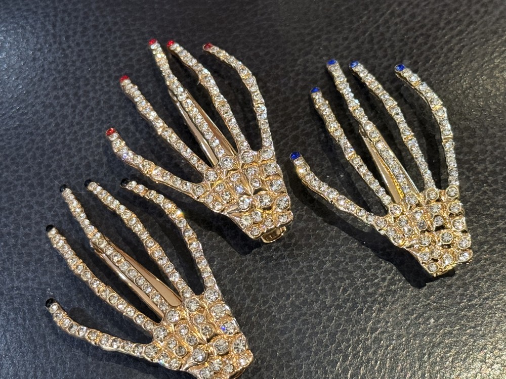 Hair Clips - Rhinestone Golden Skeleton Hands Jeweled Nails